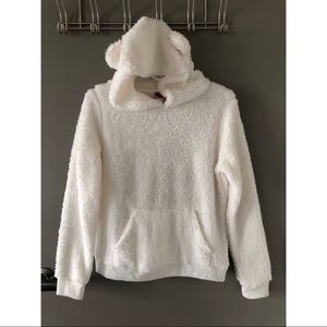 Fuzzy white pullover with hooded bear ears